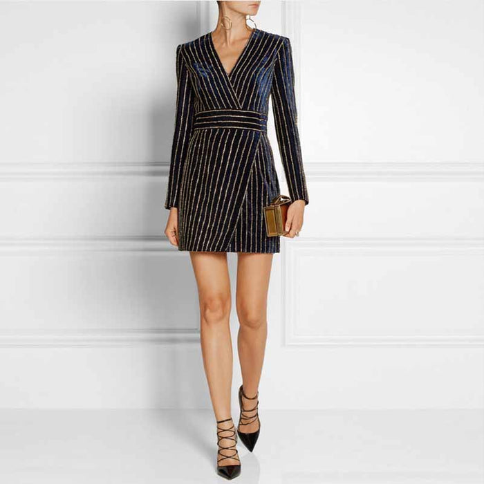 Women Mini Sequin V Neck Long Sleeve Party Dress Heavy industry Body-con Dress