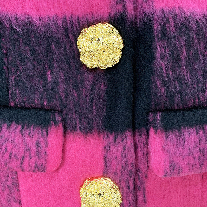 Women Round Neck Short Gold Buttons Woolen Jacket Pink Plaid Coat