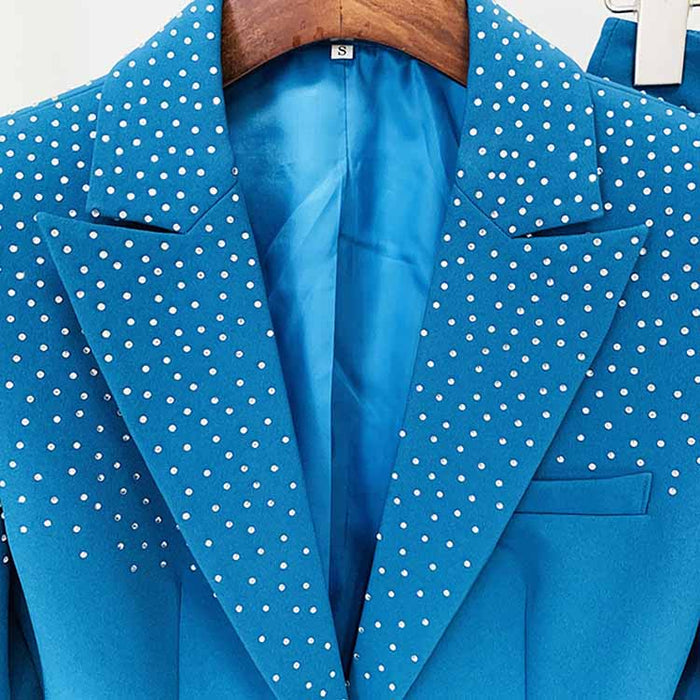 Women's 2 Piece One Button Blue Suit Fashionable Drilling Set Slim Fit Blazer Pans Suits
