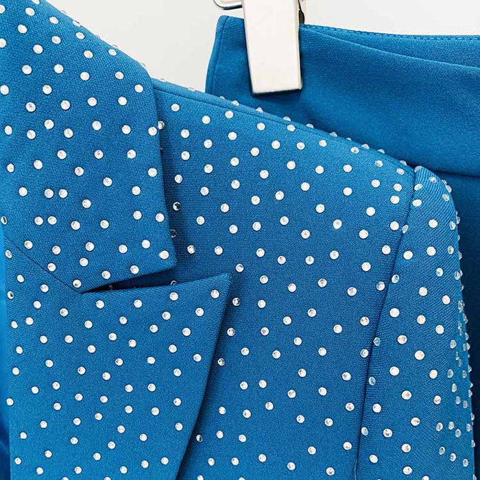 Women's 2 Piece One Button Blue Suit Fashionable Drilling Set Slim Fit Blazer Pans Suits
