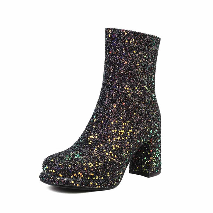 Sparkly black chunky heel party boots for women with glittery finish for a stylish look