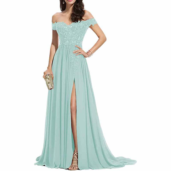Women's Off The Shoulder Prom Dresses Slit Lace Appliqued Chiffon Formal Party Gowns