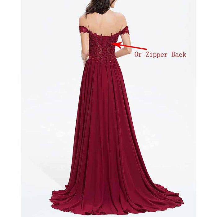 Women's Off The Shoulder Prom Dresses Slit Lace Appliqued Chiffon Formal Party Gowns