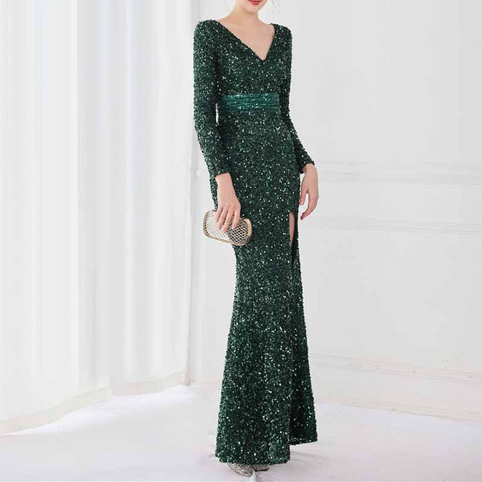 Women's Sexy Long Sleeve V Neck Wrap Side Split Bodycon Cocktail Party Maxi Dress S-4XL